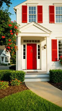 Foreclosure Auction Sign On Green Lawn In Front Of White Colonial House With Red Shutters And Red Door