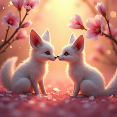 Obraz premium A charming illustration of two cute foxes nestled among blossoming flowers, radiating warmth and affection.