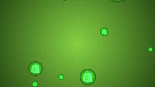 Shopify E-commerce 3D Floating Bubbles Animation: Green Shopping Bag Icons Glowing on Abstract Gradient Background for Online Retail, Digital Marketing, and Business Growth Concept Video