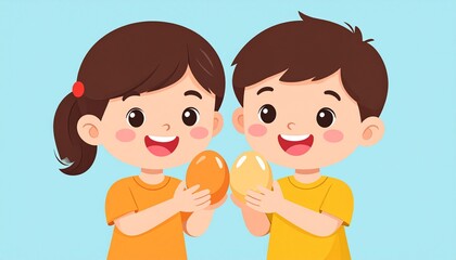 Cartoon children celebrating Easter with decorated eggs and joyful smiles.