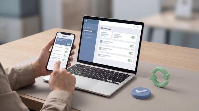 Person managing subscription settings on smartphone and laptop with refresh icon