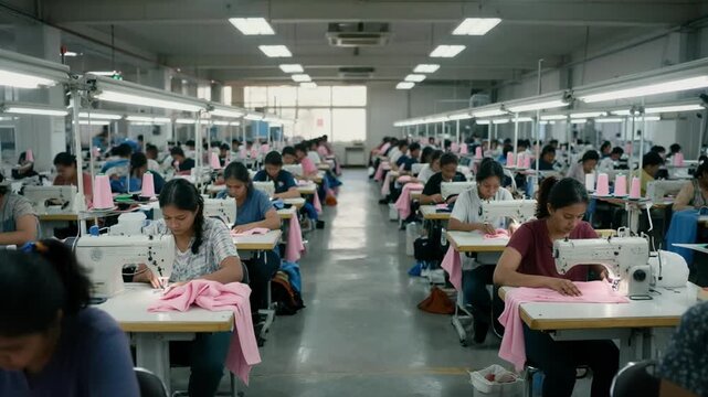 Large textile factory with many women working at sewing machines. Rows of female seamstresses making pink clothes in industrial workshop. Garment manufacturing industry concept