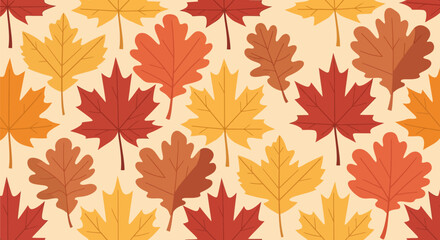 Obraz premium Detailed seamless repeat pattern featuring stylized maple and oak autumn leaves in classic fall colors (red, orange, gold) against a light beige background.