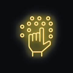 Obraz premium Glowing neon icon of a hand touching a virtual interactive panel with the index finger
