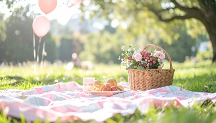 Charming Picnic Scene with Flowers and Balloons in a Sunny Park.