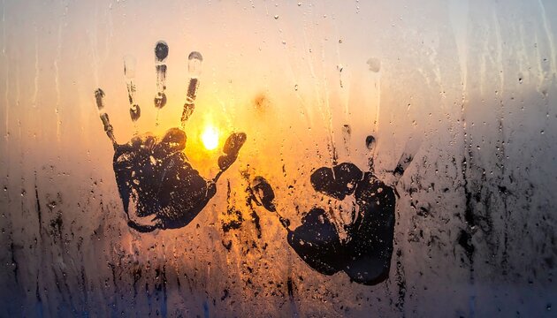 Two Handprints on a Steamy Window with a Sunset View.
