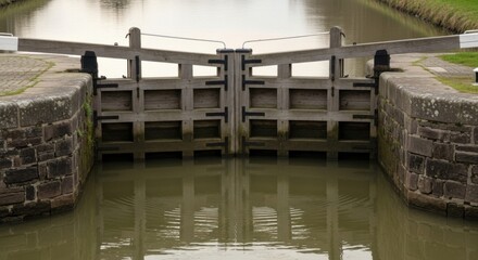 Canal lock gates open, water flowing through the structure.