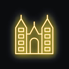 Naklejka premium Simple thin line icon of a medieval castle with glowing neon yellow outline and dark background