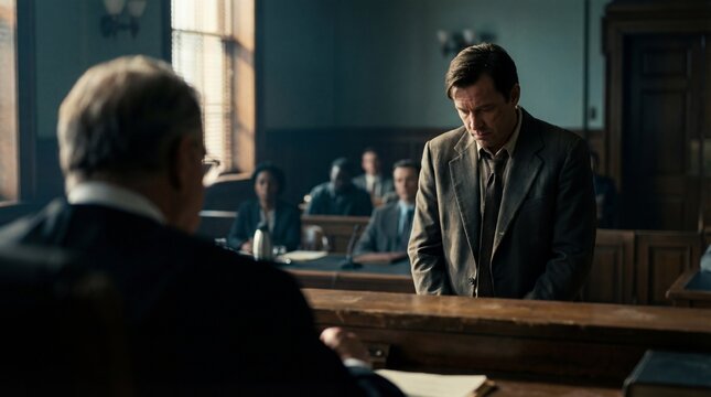 Man in suit stands with head bowed before judge in courtroom during trial