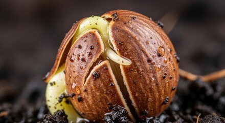 Close-up of a sprouting seed in dark soil, natures beginning.