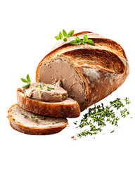 Artisan bread with smooth liver pate and fresh herbs, isolated on transparent background