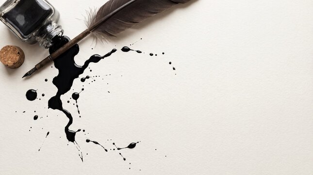 Overhead View of Spilled Ink and Quill Pen with Copy Space