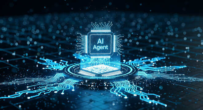 ai agent processor driving a futuristic digital network illustrating advanced machine learning and data processing systems.