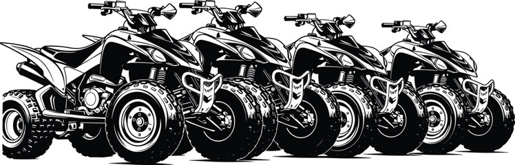 All‑terrain vehicle silhouette vector illustration set showing rugged design, off‑road tires, motorsport, adventure, outdoor recreation, transport, and power. © Mortuza Samiha