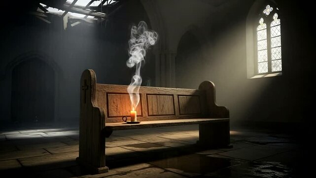 Candle Lit Church Altar with Smoke Rising.