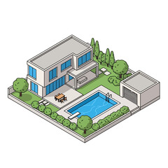 Fototapeta premium Modern two-story house with swimming pool and garden.