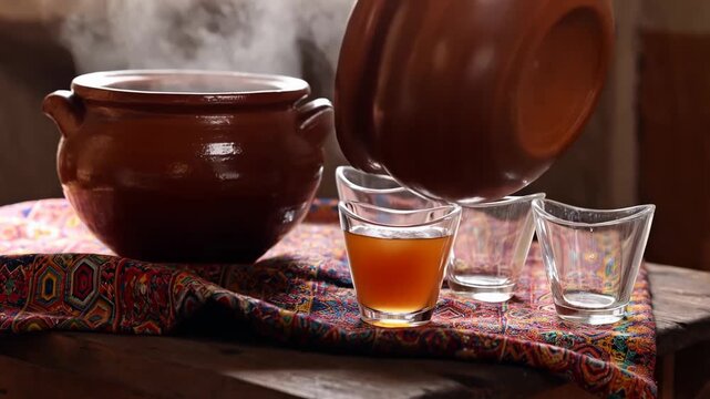 Rustic Indian kitchen scene with steaming ceramic pot and traditional chai pouring into curved glasses on vibrant textile, warm cozy ambiance, cultural tea serving footage