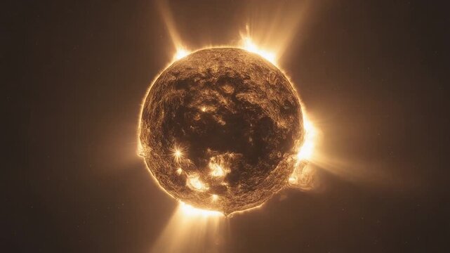 A luminous star or sun with intense solar flares and coronal mass ejections against a dark cosmic background.