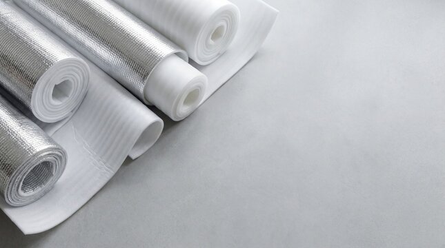 Flat Lay of Thermal Insulation Rolls on Grey Background