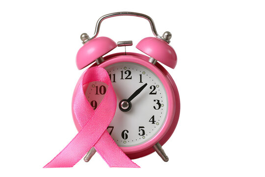 Pink Breast Cancer Awareness Ribbon on Alarm Clock, Time for Awareness, isolated on transparent background