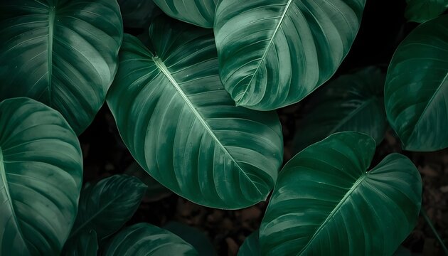 A close-up view of large, dark green leaves with prominent veins, showcasing their intricate texture and natural beauty.