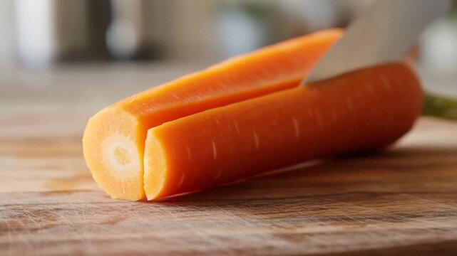 Carrot cutting process, knife chopping the carrot, food vegetable close up, cooking motion video footage