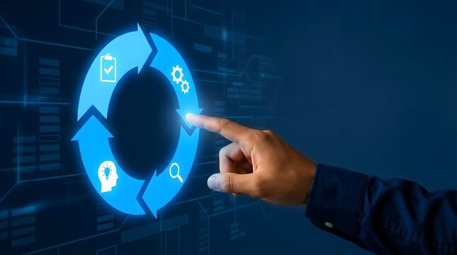 Person's finger touches a digital circular diagram with icons representing a process workflow.