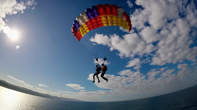 Colorful parachute lifts couple sky. Man and woman enjoy air together. Tandem adventure over ocean. Flying movement in sky. Parachute stretches wide. Couple drifts across air shared adventure with sky
