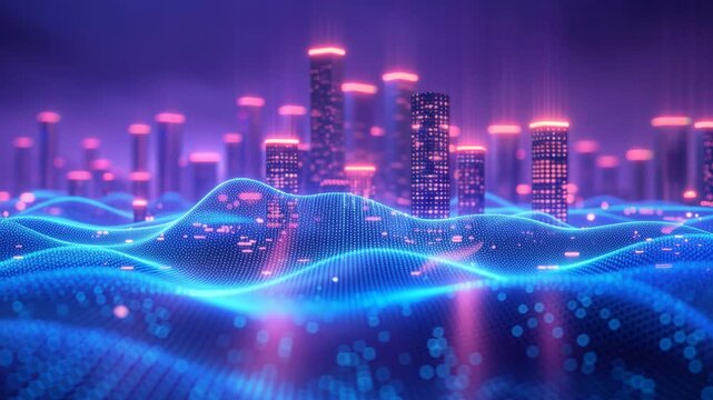 Glowing data streams undulate a, digital terrain, futuristic city, neon wave animation, tech visualization.