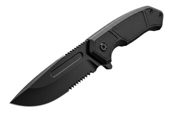 high-end black tactical fixed-blade combat knife with a serrated blade and textured ergonomic grip, isolated and floating against a transparent studio background Concept of elite tactical gear