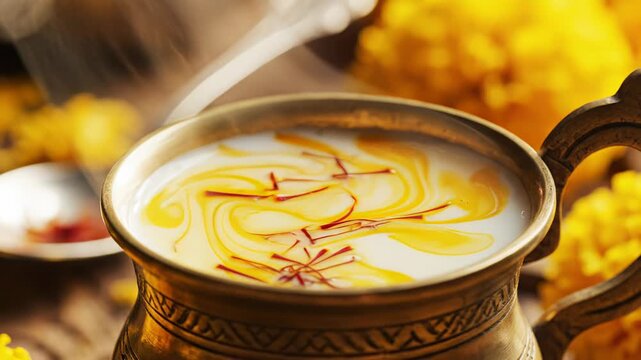 Close Up Of A Traditional Indian Drink Lassi With Saffron And Yellow Flowers In A Brass Pot With Soft Natural Lighting On A Wooden Surface