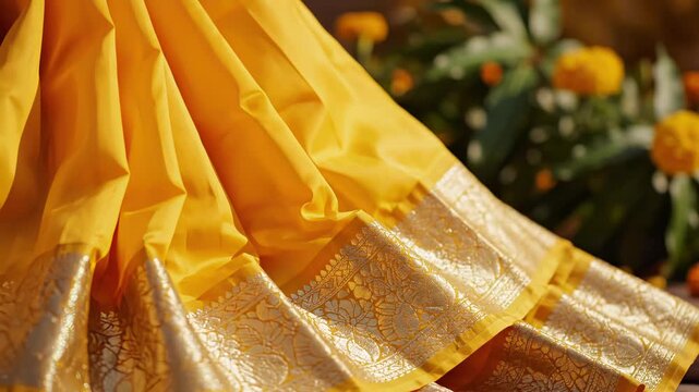 Close Up of Bright Yellow Silk Saree with Ornate Gold Border and Soft Focus Marigold Flowers in Background