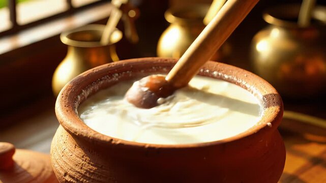 Close Up Of Creamy White Yogurt Being Stirred With A Wooden Spoon In A Traditional Earthen Pot With Soft Natural Light Illuminating The Scene And Brass Pitchers In The Background