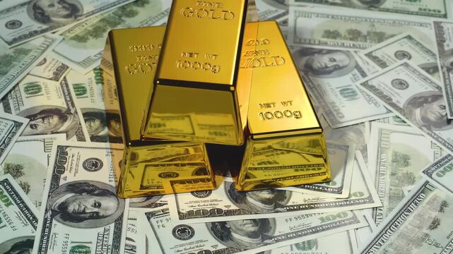 Golden bricks bullions lying on one hundred dollar bills, several gold bars on american USA banknotes currency, representing wealth, ifinancial prosperity success, savings, investment strategies