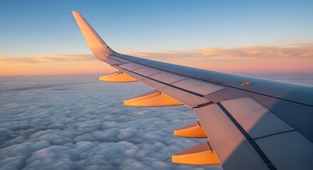 Obraz premium The wing of an airplane soaring through the clouds during a serene sunset