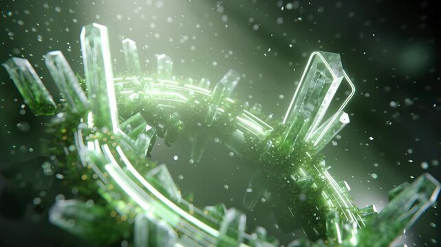 Abstract green technology energy scene using rare earth elements, luminous mineral structures forming clean energy circuits, minimal composition, soft contrast lighting, modern editorial illustration 