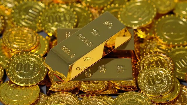 Golden riches: golden bars assets over gold coins stacked reflect economic trust, liquid assets, long-term investment wealth, financial security, savings growth, future-proof daving plans