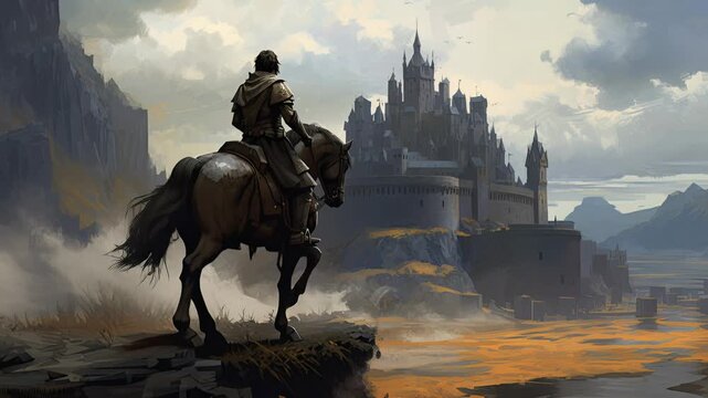 Armored rider on steed galloping toward ancient fortress, medieval knight, adventure, epic journey, art, heroic quest.