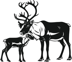 Fototapeta premium Black and white vector illustration of adult reindeer with antlers nuzzling young reindeer, symbolizing wildlife affection, family love, care