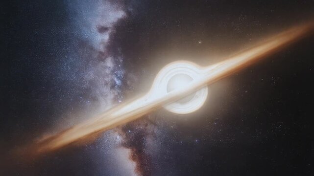 A stunning depiction of a supermassive black hole with a luminous accretion disk against a backdrop of distant stars and galaxies.