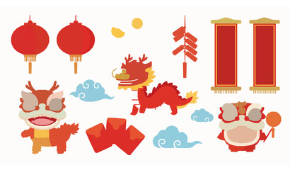 Obraz premium Cartoon Chinese New Year illustrations set for infographics and books