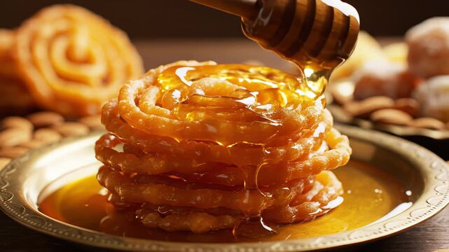 Golden Honey Drizzling Onto A Stack Of Jalebi Indian Sweet Confectionery Served On A Traditional Brass Plate With Almonds And Other Sweets In The Background A Close Up Macro Shot With Warm Lighting