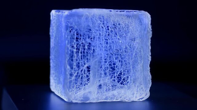Abstract blue cube close up macro shot revealing intricate network structure with cellular texture displayed against a dark backdrop for scientific visuals and technology concepts