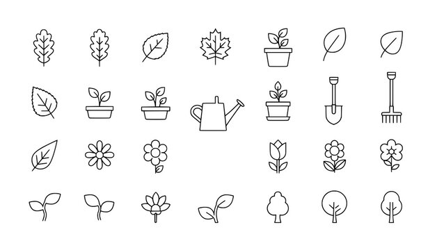 Leaves and gardening line icon set with editable stroke for adverts and design