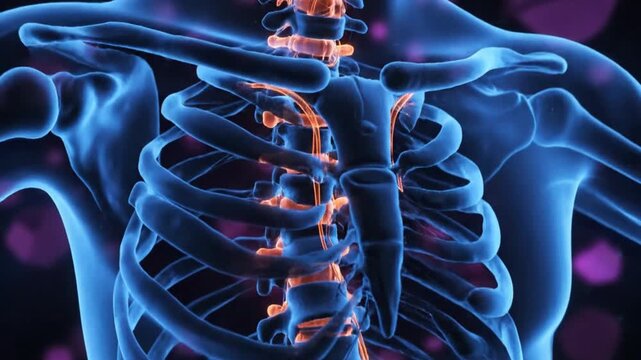 Medical Animation Featuring Human Skeleton with Ribs, Spine, and Vertebrae in Blue and Orange Tones on Dark Background