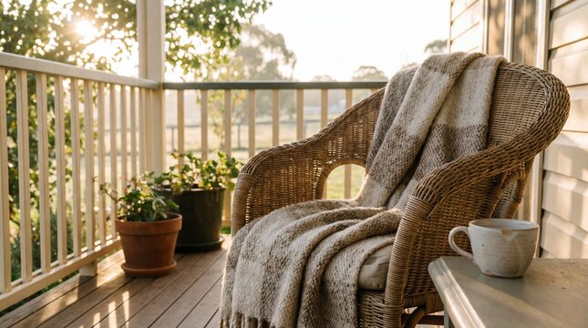 Wicker armchair and cozy blanket on a home veranda at sunrise.