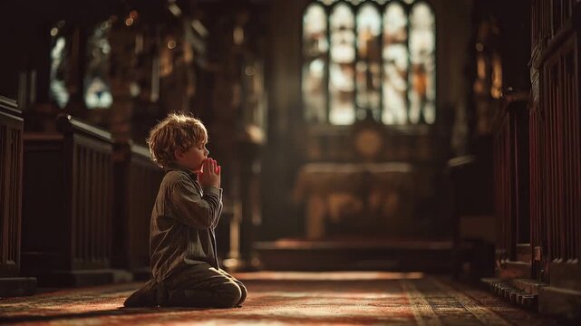 In the church, a boy is kneeling and praying.
