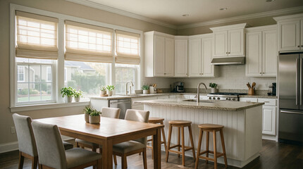 Beige roller blind on windows in stylish modern kitchen. Shutters on the plastic window.