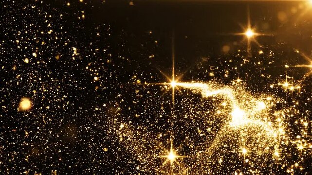 Golden Glittering Particles Swirling Abstract Background with Lens Flares and Starburst Effects Celebration Sparkle Motion