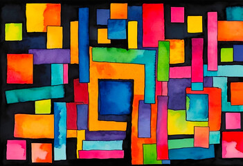 Bright colorful watercolor shapes on black background, abstract pattern